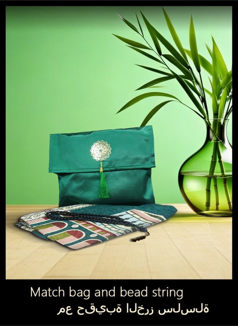 AuliceVerse Ramadan Gift Muslim Prayer Rug and Beads Set with Portable Slub Fabric Bag | Janamaz Sajadah Soft Islamic Prayer Mat gift set in Green - Image 2